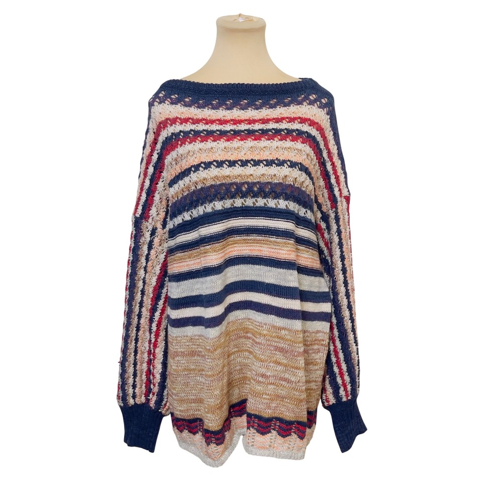 Umgee USA Womens Medium Multi-Color Striped Crochet Knit Oversized Sweater